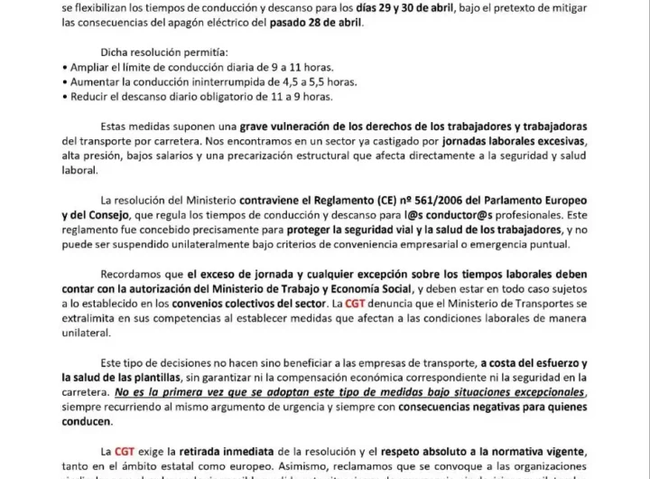 Comunicado SFTC de CGT sobre la felxibilización de horarios de conductores por el Apagón